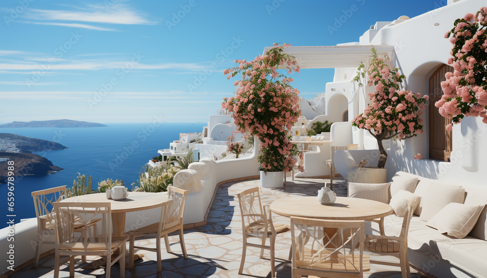 Summer luxury on Santorini idyllic balcony with stunning caldera view generated by AI
