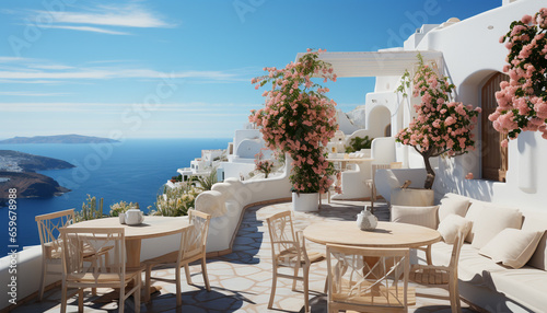 Summer luxury on Santorini idyllic balcony with stunning caldera view generated by AI