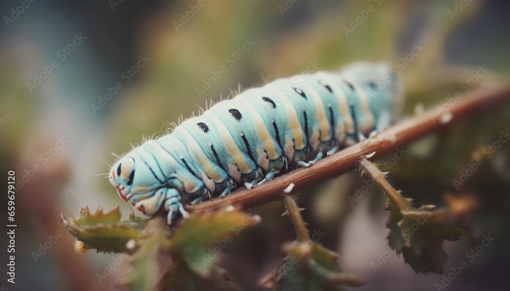 Striped caterpillar crawls on green leaf, nature small beauty magnified generated by AI