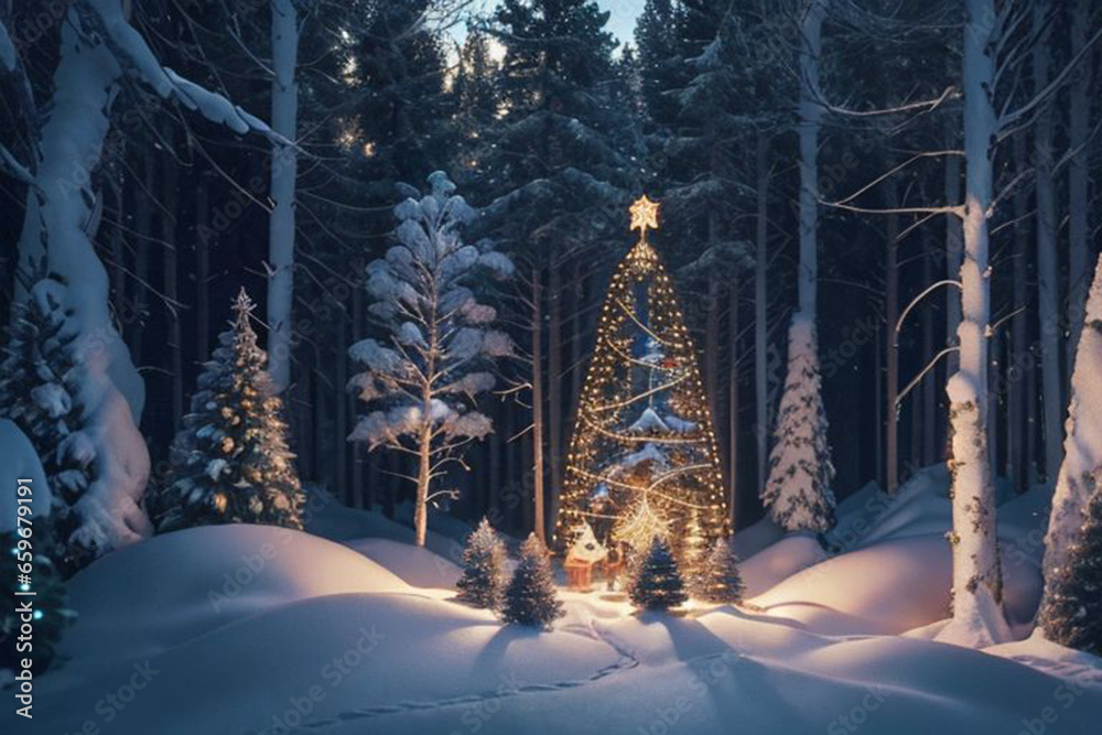 Fototapeta premium beautiful Christmas tree in the forest decorated with light toys for the New Year holiday, AI generated