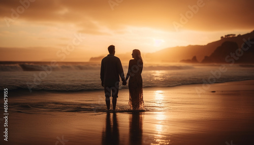 Sun kissed couple embraces in nature  enjoying carefree vacation together generated by AI