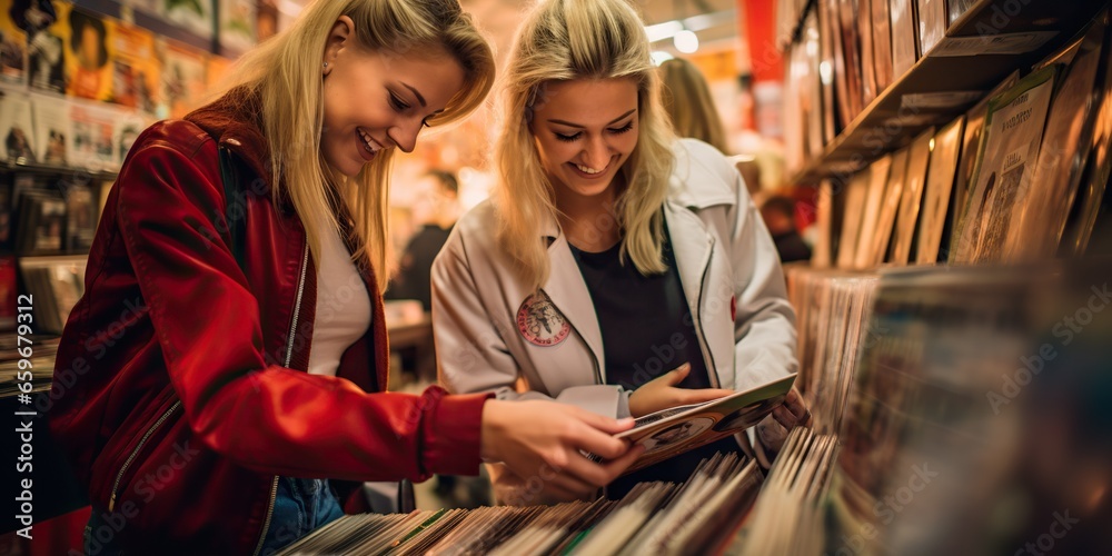 Two friends in knee-high boots and mini-skirts browsing vinyl records at a retro record shop, concept of Fashion trends