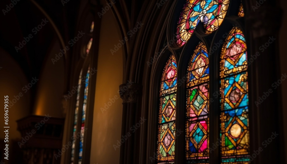 Medieval Gothic architecture with stained glass and illuminated cross inside generated by AI