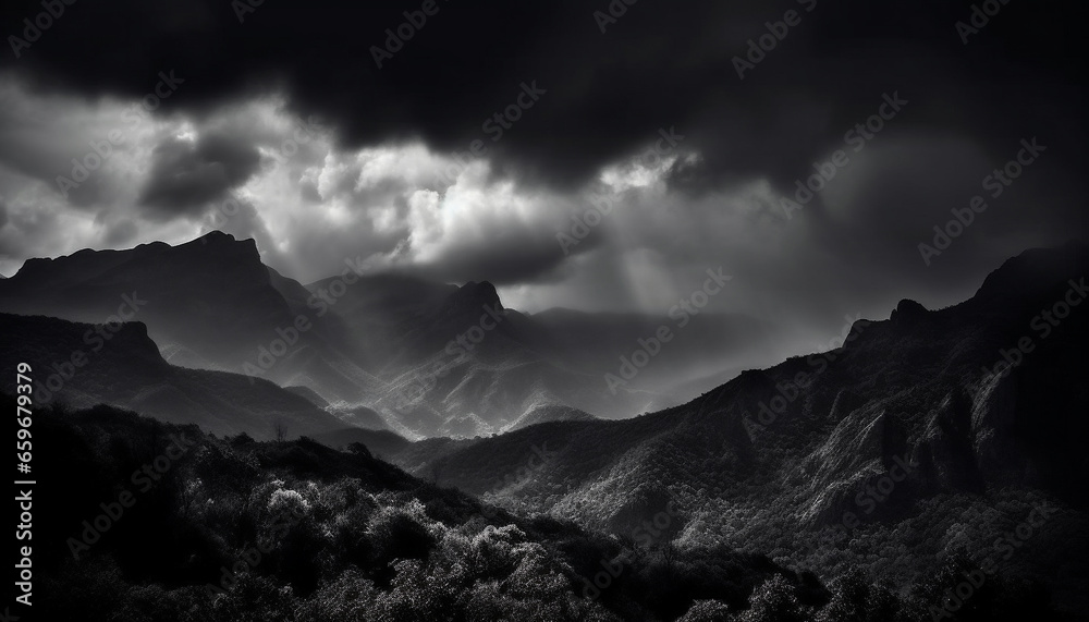Majestic mountain range silhouette against dramatic monochrome sky generated by AI Majestic mountain range silhouette against dramatic monochrome sky generated by AI
