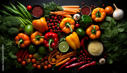 Fresh vegetables and herbs on wooden table for healthy meal generated by AI