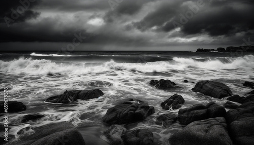 Breaking waves crash against rocky coastline in dramatic monochrome seascape generated by AI