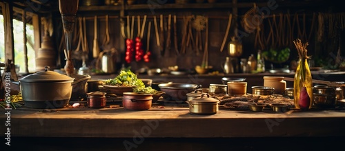 Types of utensils for cooking in traditional Asian households in the past particularly in Thai kitchens with a focus on antique bamboo cottage interiors
