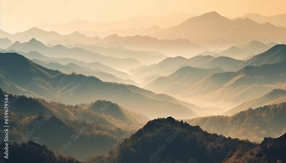 Majestic mountain range silhouetted against blue sky at sunset generated by AI