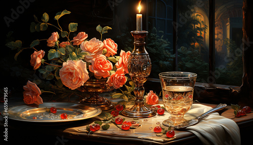 Candlelit table adorned with elegant decorations, wine and fresh flowers generated by AI