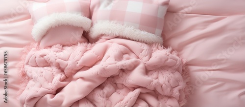 Wallpaper Mural Top view of a cozy baby girl cot with a pink patchwork blanket Bedding and textile for nursery Concept of nap and sleep time Torontodigital.ca