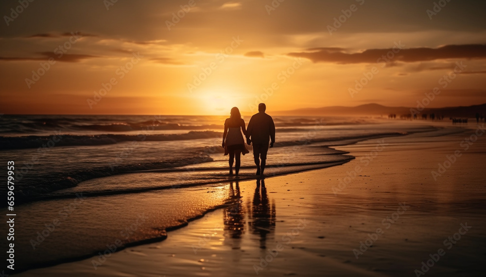 Embracing love, walking on sand, enjoying tranquil sunrise together generated by AI
