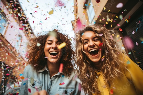 Two women standing next to each other under confetti positive and fun vibes