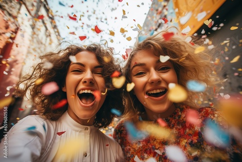 Two women standing next to each other under confetti positive and fun vibes