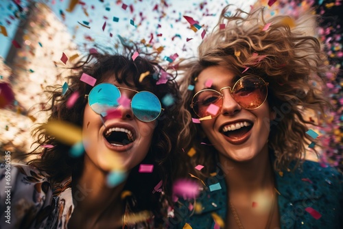 Two women standing next to each other under confetti positive and fun vibes