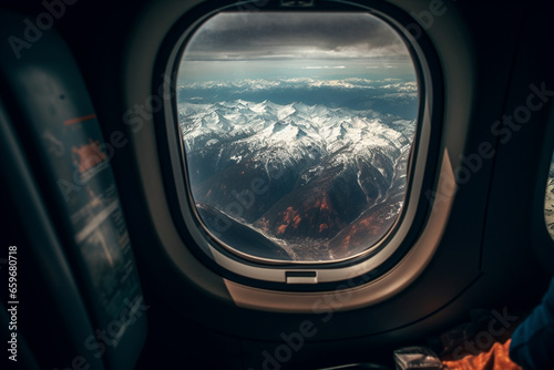 A view from the window of an airplane. Flying over the ground, view over an abyss, flying . Beautiful scenic view of sunset through aircraft window. Image save-path for window airplane. © Alla
