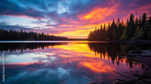 Vibrant sunset paints the sky with warm hues as it reflects upon a tranquil lake.