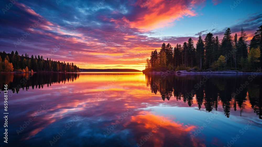 A stunning sunset over a calm lake, with vibrant colors illuminating the peaceful setting.