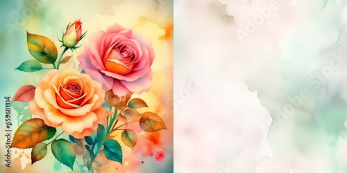 Watercolor botanical background with roses in pastel colors, space for text. Design for wallpaper, banner, print, wedding invitation, poster, flyer, card, book. Illustration.