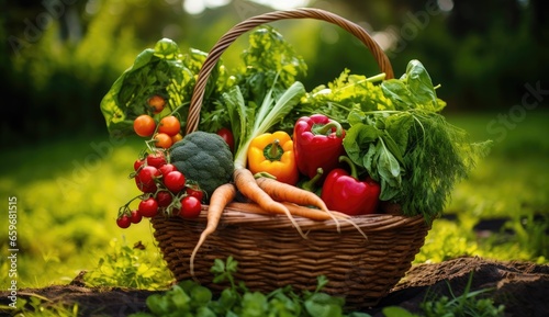 Basket full of vegetables and organic foods, bokeh background. Generative AI