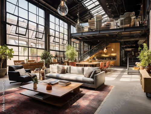 A spacious and modern loft with industrial aesthetics, converted from an industrial warehouse setting.