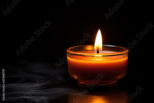 Digital illustration of lit candle on dark background. Generative AI