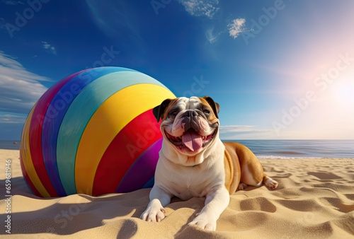 Landscape with cute dog on the beach with colorful ball, sea and sky. Generative AI © Deivison