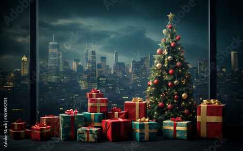 Christmas tree with gift boxes and window with city lights Generative AI