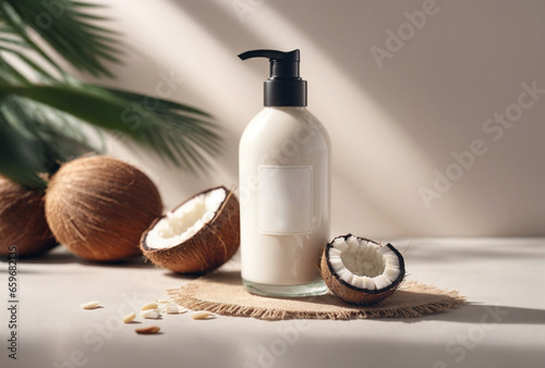 spa still life with bottle of coconut lotion mockup © Anna Gold Stock