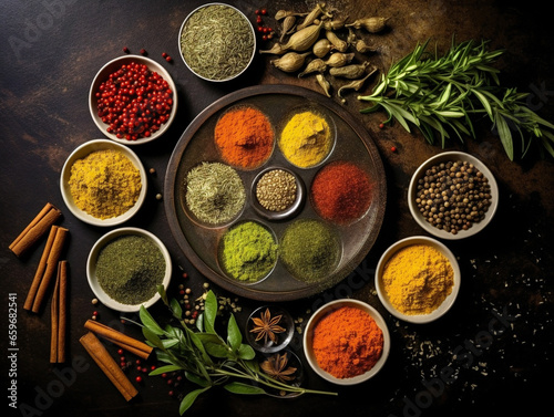 Vibrant mix of spices and herbs arranged artistically, creating a visually captivating composition.