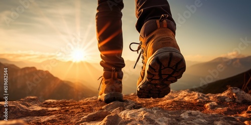 Close-up hiker feet is start moving towards a breathtaking mountain vista bathed in orange sunlight