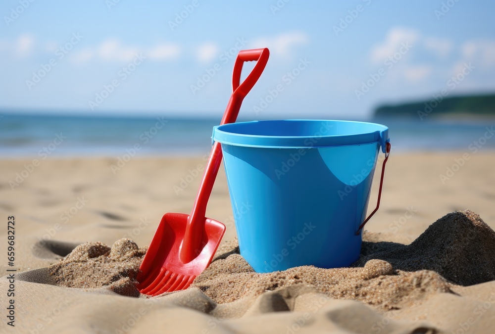 Tropical landscape with bucket and shovel on the beach sand. Generative AI Tropical landscape with bucket and shovel on the beach sand. Generative AI