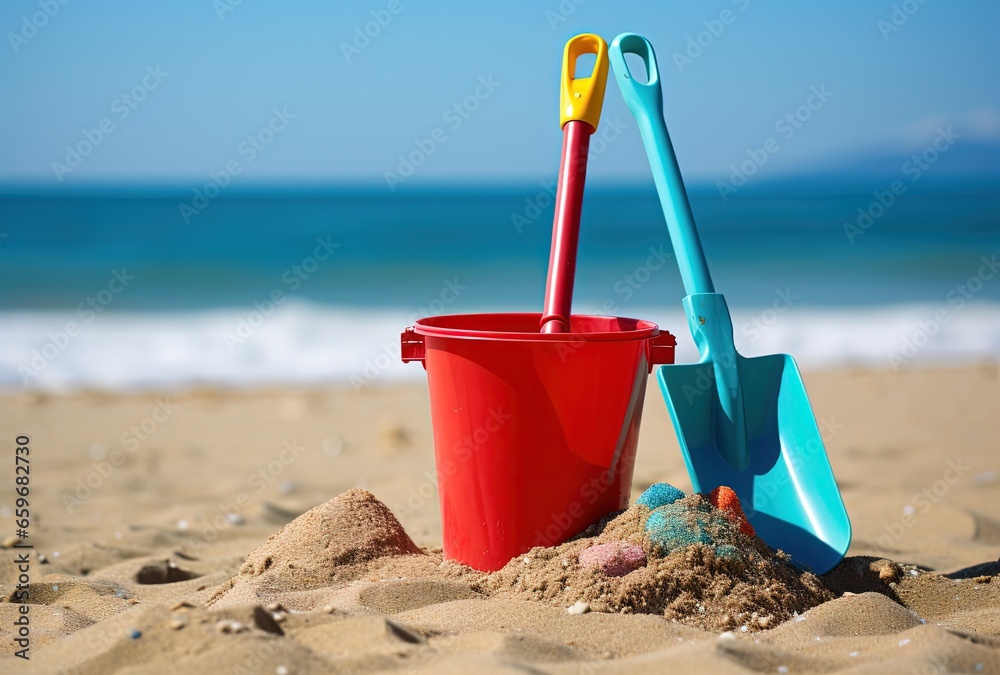Tropical landscape with bucket and shovel on the beach sand. Generative AI Tropical landscape with bucket and shovel on the beach sand. Generative AI