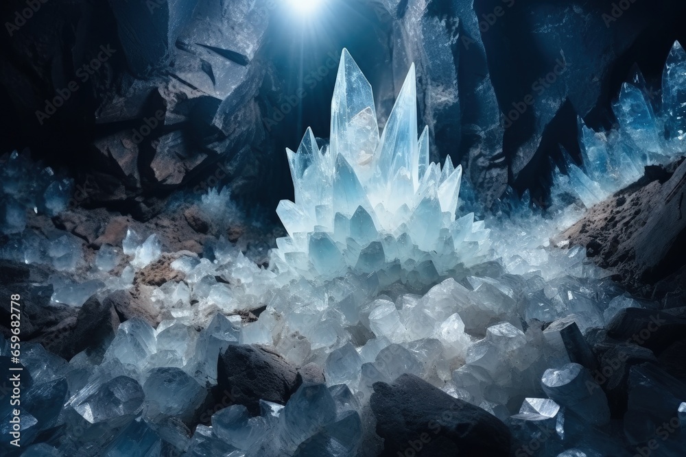 Underground cave full of crystals. Generative AI - obrazy, fototapety, plakaty 