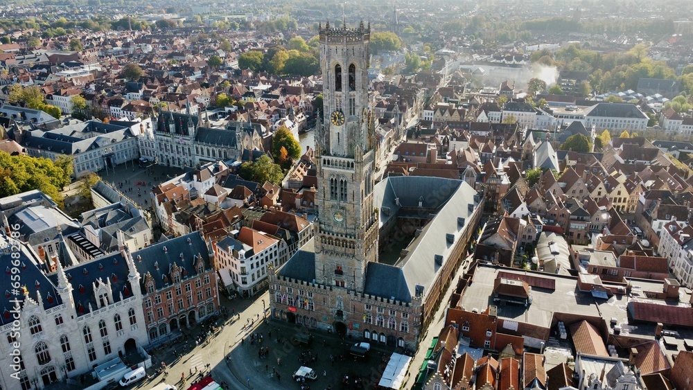 drone photo Bruges belfry, Belfort Bruges belgium europe