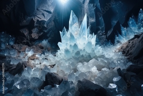 Underground cave full of crystals. Generative AI © Deivison