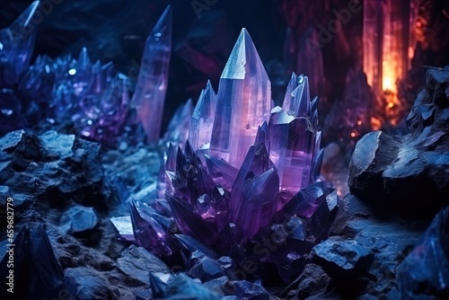 Underground cave full of crystals. Generative AI
