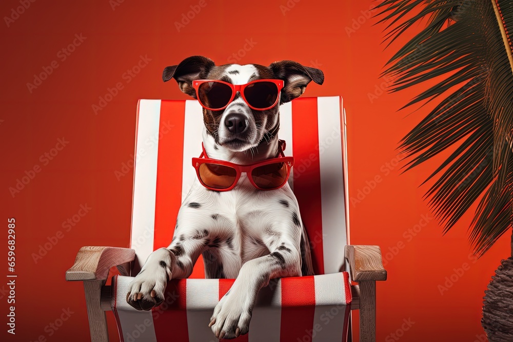 Cute dog with sunglasses on beach chair, red background. Generative AI