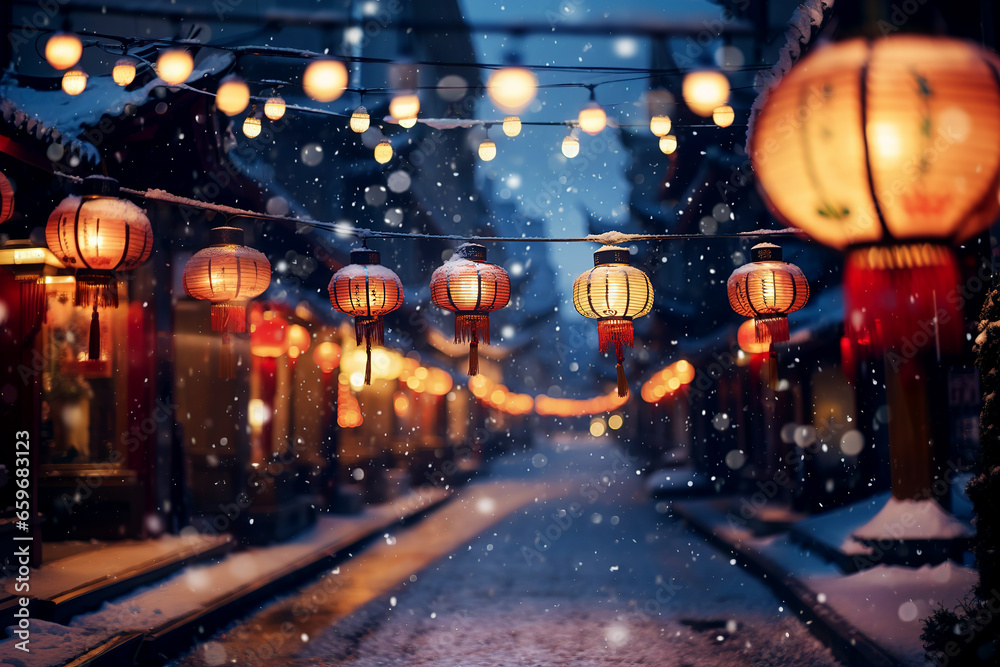 Chinese New Year lantern festival under snowfall Generative AI Chinese New Year lantern festival under snowfall Generative AI