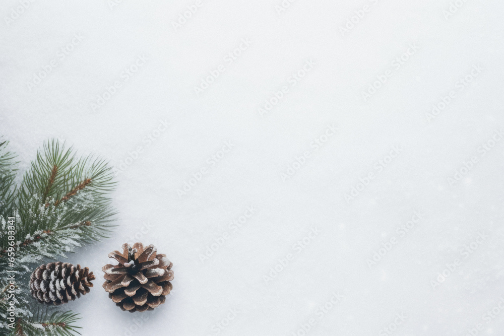 Top view of fir branches with pine cones and snow on grey. Top view of fir branches with pine cones and snow on grey.