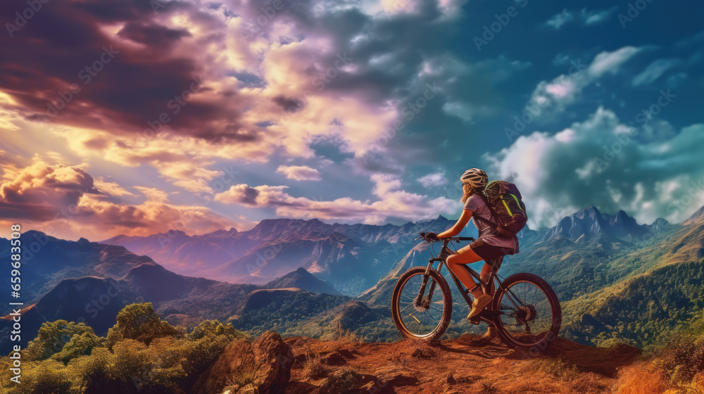 Woman sits sports bike on mountain top, cyclist rests sky background
