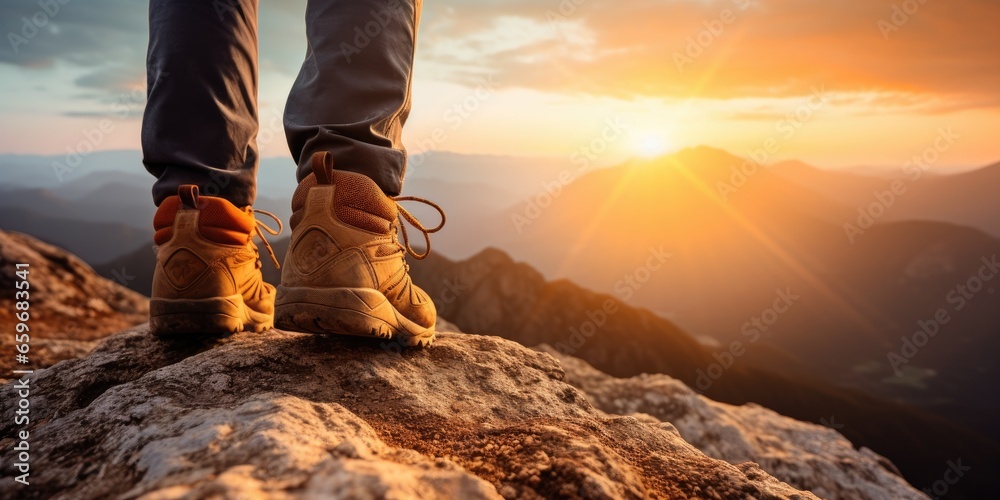 Close-up hiker feet is start moving towards a breathtaking mountain vista bathed in orange sunlight Close-up hiker feet is start moving towards a breathtaking mountain vista bathed in orange sunlight