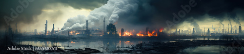 Panoramic view of polluted ground and factory pipes emitting smoke