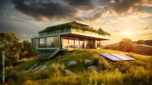 Modern sustainable house with solar panels, energy saving technology
