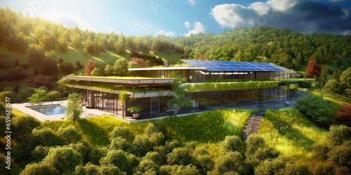 Green villa, luxury mansion with solar panels, sustainable house in forest photo