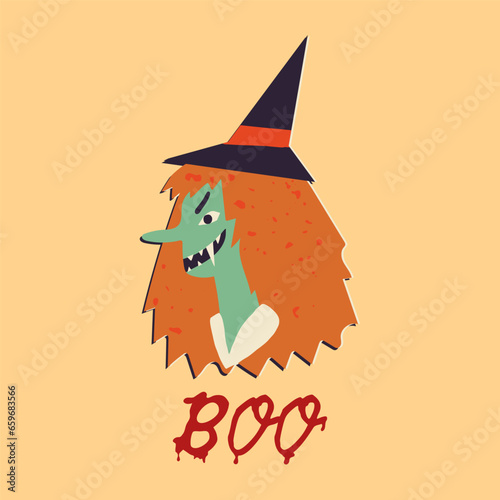 Halloween vector card. A spooky monster witch with fangs frighteningly smiles, monster grins, Boo bloody dripping text