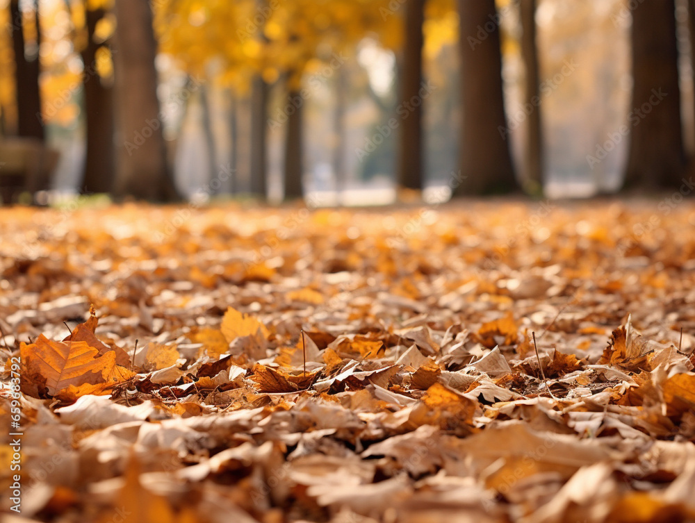 A serene autumn landscape featuring colorful leaves scattered on the ground and trees in view.