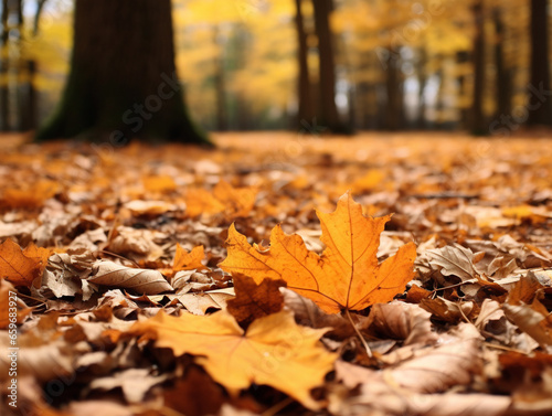 Vibrant autumn leaves scattered on the ground or trees  captured in vintage 1952 style  with subtle colors.