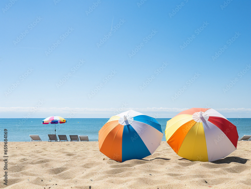 Colorful beach umbrellas dot the sandy shore while beach balls float in the crystal-clear blue water.
