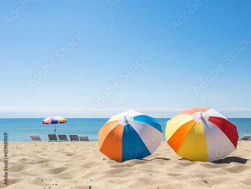 Colorful beach umbrellas dot the sandy shore while beach balls float in the crystal-clear blue water. © Szalai