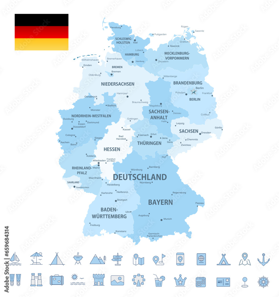 Germany Map and Travel Flat Icons with Spotted Soft Blue Colors